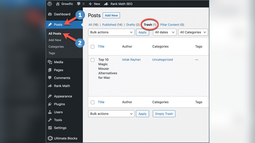 How to Access Trash in Wordpress